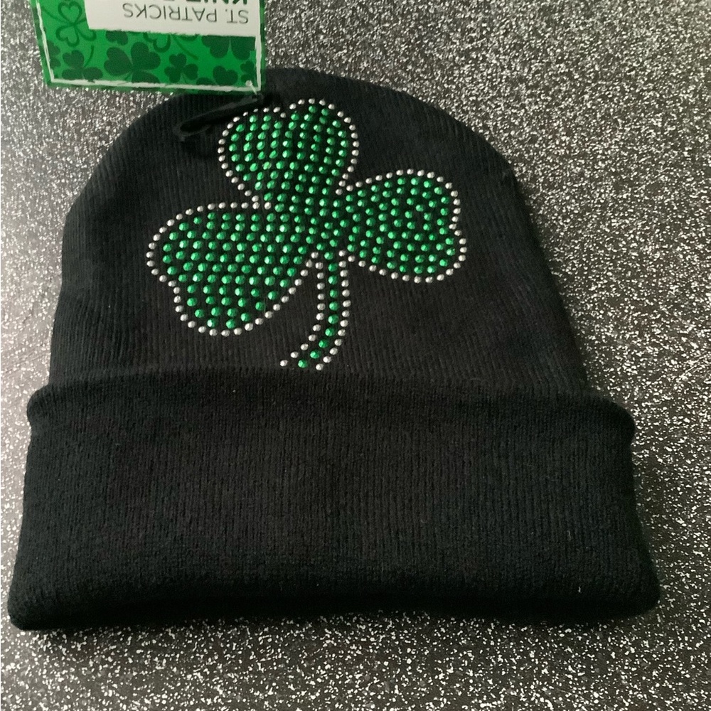 NWT Black knit beanie hat w/beaded Shamerock